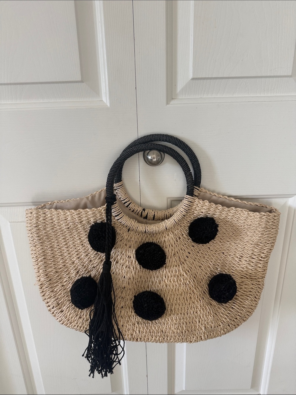 Neutral Straw Tote with Black Polka Dots and Ring Handles